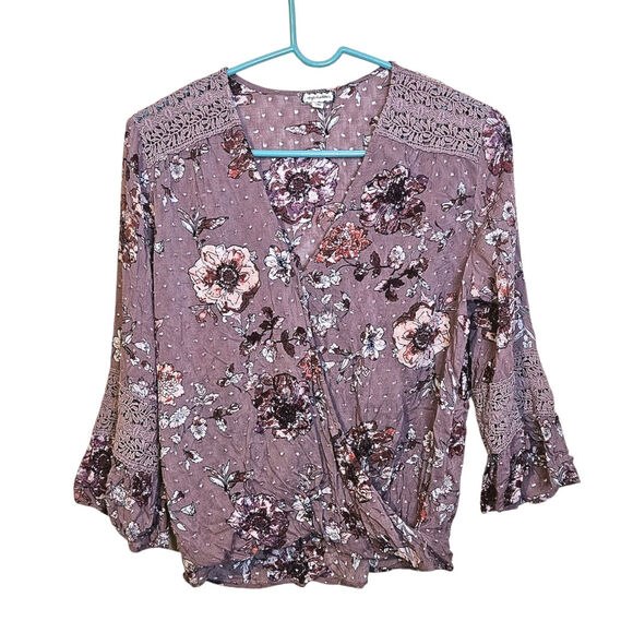 Eyeshadow Size Medium M Swiss Dot Boho 100% Cotton Purple Floral Faux Wrap Knit - Picture 1 of 11